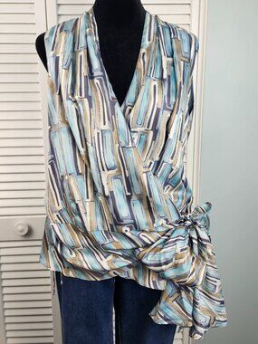 Lafayette 148 Silk Wrap Top 14 Sleeveless V Neck Satin Designer Tie Waist